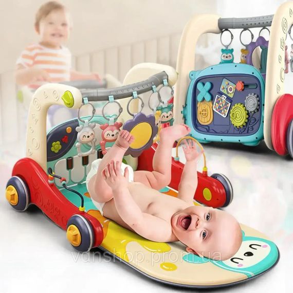 Дитячі ходунки 3в1 з музичним бізібордом, піаніно з підсвічуванням та килимком, що розвиває