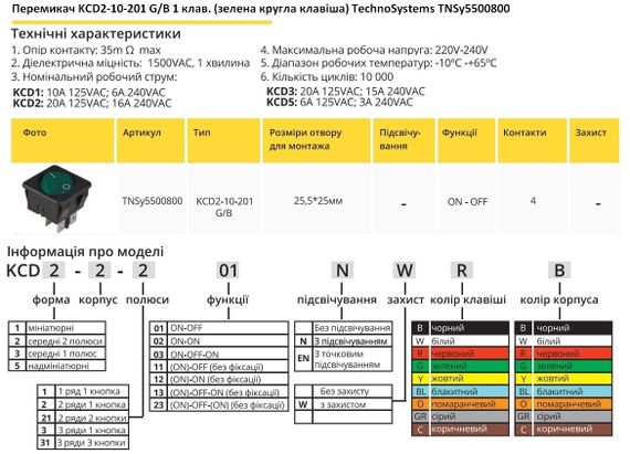 Перемикач KCD2-10-201 G/B 1 кнопка зелена кругла Ny95500800 | Зображення 1