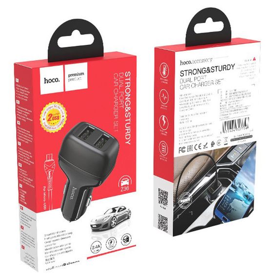 АЗП Hoco Z36 Leader 2.4A (2USB-A) + кабель USB to MicroUSB Чорний | Зображення 5