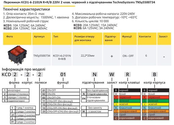 Перемикач KCD1-6-2101N R+R/B 220V 2 клавіші червоний з підсвічуванням Ny95500734 | Зображення 1