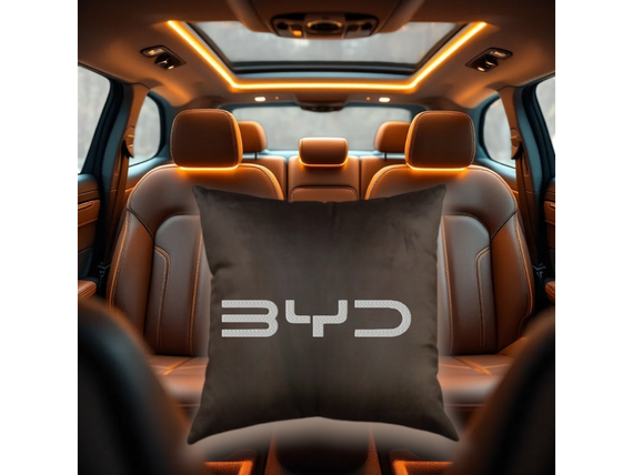 Авто Подушка c вышивкой логотипа марки бид BYD коричневый автомобилисту 02222