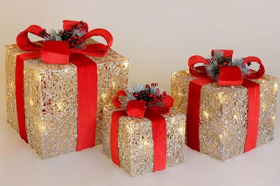 Набір декоративних подарунків - 3 коробки 15см, 20см, 25см з LED-підсвіткою, шампань з червоним бантом | Зображення 1
