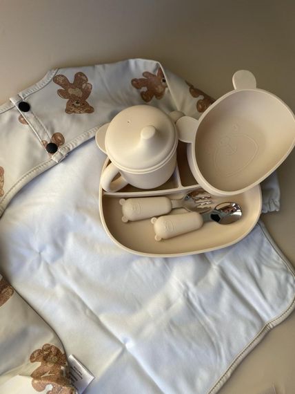 Набір дитячого силіконового посуду беж Ведмедик | Зображення 1