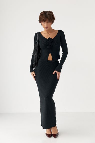 Приталений костюм в рубчик з кофти та спідниці - чорний цвет, ONE SIZE (є розміри) | Зображення 4