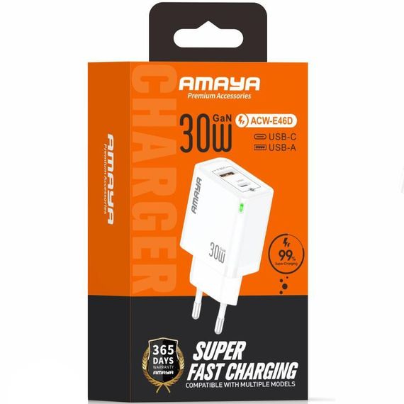 МЗП Amaya E46D PD30W+QC3.0 GaN (1USB-A/1C) White | Зображення 1