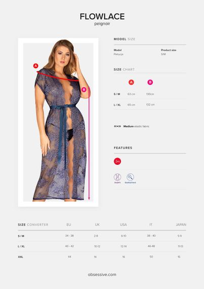 Пеньюар полупрозрачный с кружевом Obsessive Flowlace синий, S/M sexstyle | Зображення 6