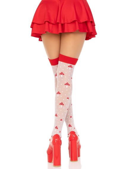 Панчохи Leg Avenue Polka Dot Mushroom Thigh Highs, One Size, біло-червоні, на резинці, малюнок — гриби | Зображення 1