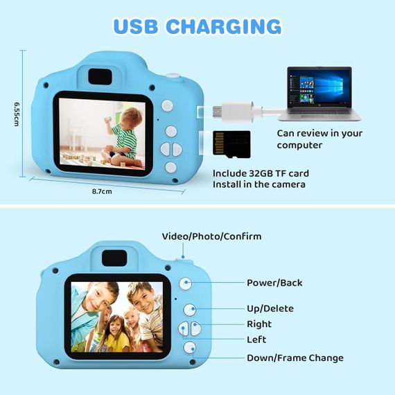 Дитяча цифрова камера ASTGMI C3Pro, 2.0” дисплей, 12МП, з SD-картою 32 ГБ та силіконовою кришкою, синя, подарунок дитині | Зображення 2