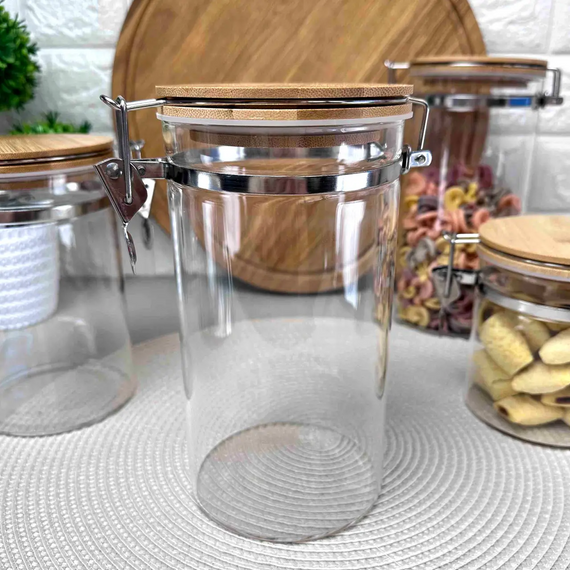 Висока банка Bugel Bamboo GK-5432 для сипучих продуктів 1100 мл з бамбуковою кришкою на клямці  Прозорий | Зображення 1