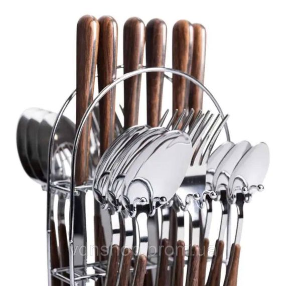 Набір столових приборів на 6 персон з дерев'яними ручками на підставці столові прибори 24 шт Срібло HP-20-1 | Зображення 4