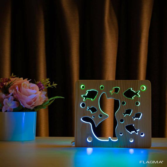 Светильник ночник ArtEco Light из дерева LED "Кот и рыбки" с пультом и регулировкой... | Зображення 9
