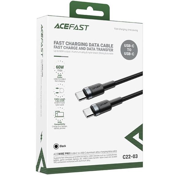 Дата кабель Acefast C22-03 Type-C to Type-C 60W (1.2m) Black | Зображення 1
