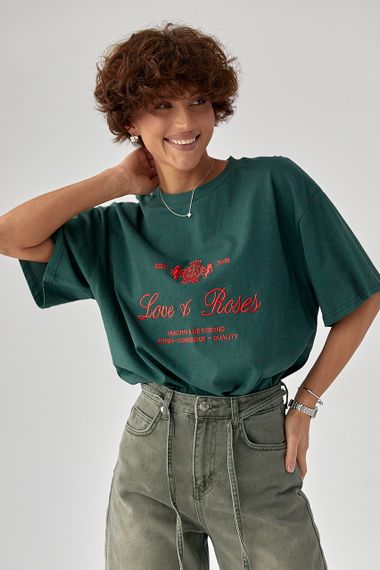 Футболка вільного фасону з вишитими написами - зелений цвет, ONE SIZE (є розміри)