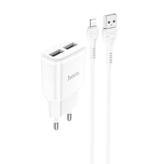 Набір СЗУ 110-240V HOCO C88A + кабель Lighting, 2xUSB, 2.4A, кабель 1м, White | Зображення 1