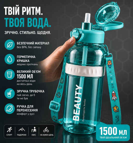 Спортивная бутылка для воды Beauty 1500 мл (1.5 л) с ручкой, трубочкой и ремнем. Голубая | Зображення 6
