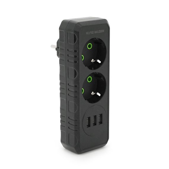 Розетка трійник із заземленням F102-Black, 2 розетки+3USB(1А), 2500W, 10A, 110-250V~Max, Blister
