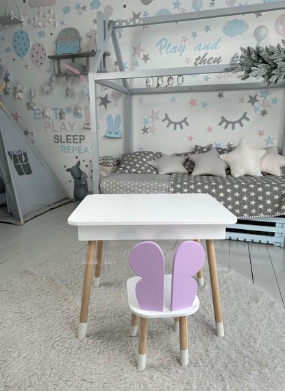Дитячий столик білий і стільчик фіолетовий метелик. Столик із нішею для олівців і розмальовок | Зображення 1