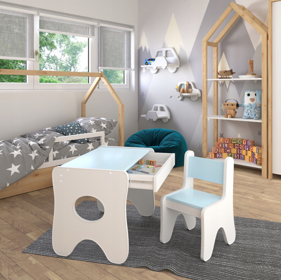 Комплект дитячих меблів столик та стільчик 70×45×51, стіл та стілець у дитячу, білий з блакитним | Зображення 1