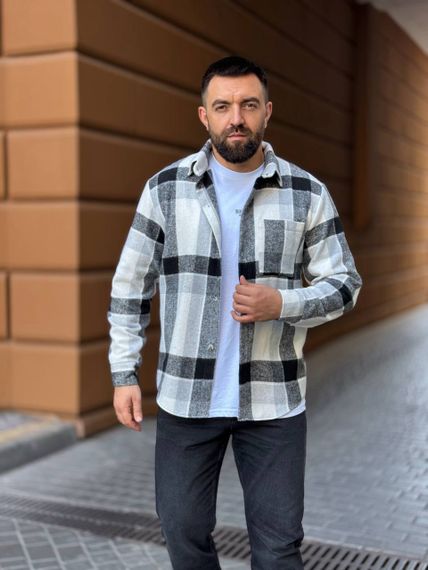 Теплая мужская байковая рубашка в клетку на пуговицах размер XL цвет серый Vi1048 | Зображення 2