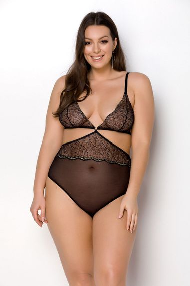 Боді Passion Amberly Body 4XL/5black, асиметричний крій, мереживний ліф, золота нитка, 4XL/5XL