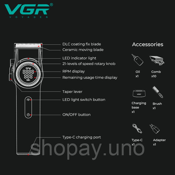 Аккумуляторная машинка для стрижки VGR V-001, 10 насадок, 9000 RPM, АКБ 4600 mAh, LED дисплей | Зображення 5