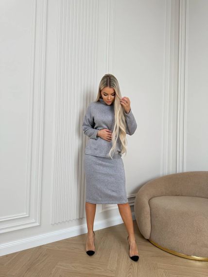 Женский теплый ангоровый костюм с юбкой миди LK137 цвет серый, размер 42/44