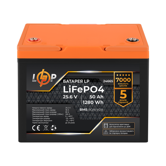 Акумулятор LP LiFePO4 25,6V - 50 Ah (1280Wh) (BMS 80A/40А) пластик для ДБЖ