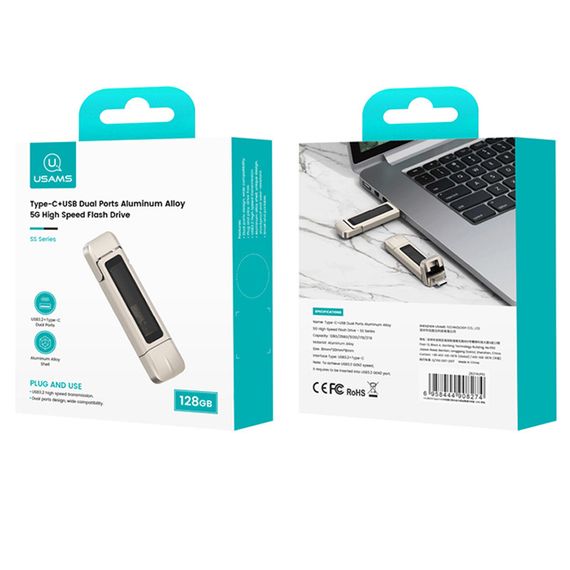 Флеш-накопичувач Usams US-ZB274 2in1 USB 3.2 + Type-C GEN1 Dual Ports Aluminum Alloy 5G – 128GB Silver | Зображення 5