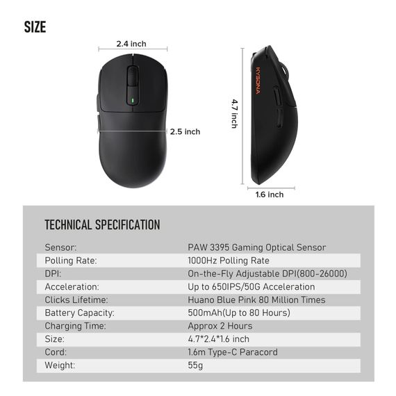 Бездротова миша Kysona M600 PAW3395 для ноутбука та ПК Чорна | Зображення 2