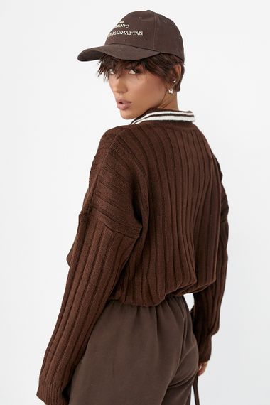 В'язана кофта-поло в широкий рубчик - коричневий цвет, ONE SIZE (є розміри) | Зображення 1