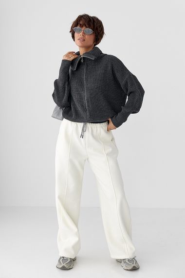 Укорочений кардиган на блискавці з довгим коміром - темно-сірий цвет, ONE SIZE (є розміри) | Зображення 2