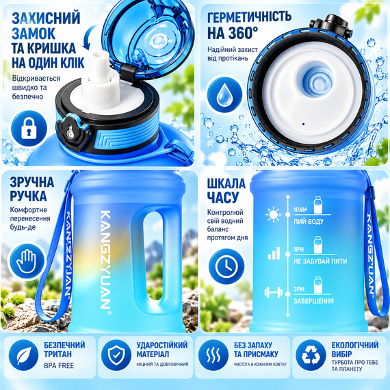 Эко-бутылка KANGZYUAN 2500 мл - Голубая Tritan BPA-free, ударопрочная спортивная бутылка с ручкой и ремешком | Зображення 3