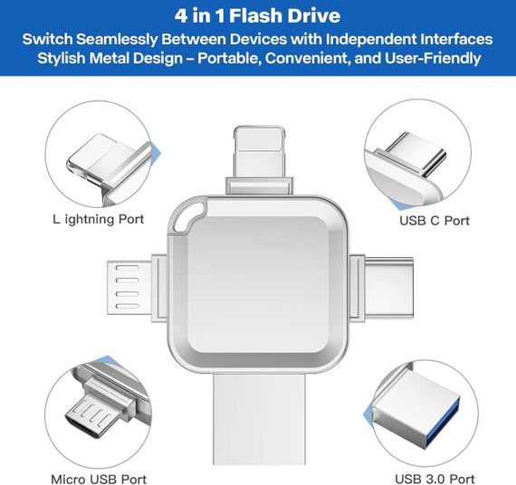 Флеш USB накопитель для iPhone 256 ГБ, Yueflue  для iPhone с портом iOS, USB, Type C, Micro-USB, | Зображення 2