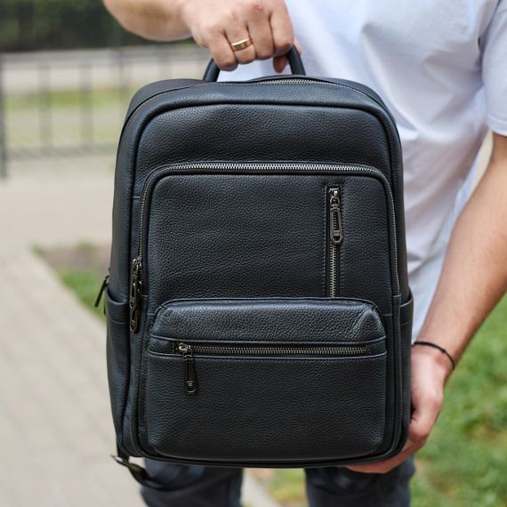 Міський чоловічий рюкзак із натуральної шкіри 40х30х18, наплічник для роботи та подорожей, чорний | Зображення 4