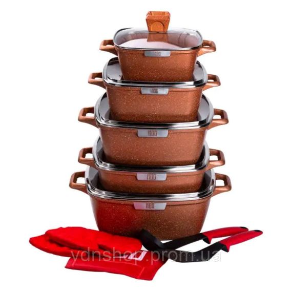 Набор из 5 алюминиевых квадратных кастрюль с толстым дном MGC + лопатка, половник, перчатки и фартук HP-4-468 | Зображення 2