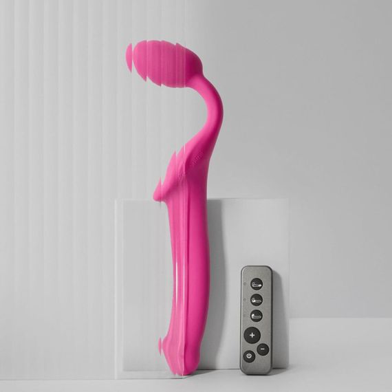 Безремневой страпон с вибрацией Strap-On-Me Vibrating Fuchsia L, диаметр 3,7 см, пульт ДУ sexstyle
