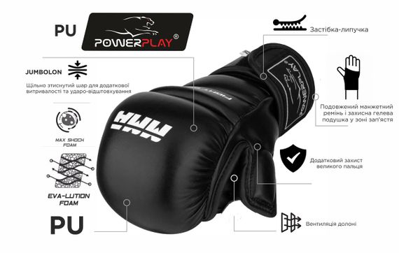 Рукавиці для MMA PowerPlay 3026 Чорні XL | Зображення 4