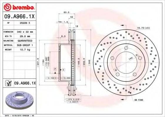 Диск гальмівний TOYOTA LAND CRUISER 4.5D V8 4.7 V8 передн. (вир-во BREMBO) BREMBO 09A9661X на LEXUS LX (URJ201)