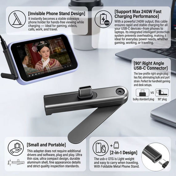 Адаптер перехідник USB Type-C на Type-C зі складаною підставкою black | Зображення 3