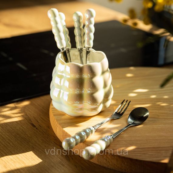 Набір десертних виделок і ложок на 3 персони з підставкою з порцелянау 7 предметів Перламутровий HP-20-62 | Зображення 4