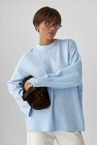 В'язаний жіночий джемпер з широкими рукавами - блакитний цвет, ONE SIZE (є розміри) | Зображення 4