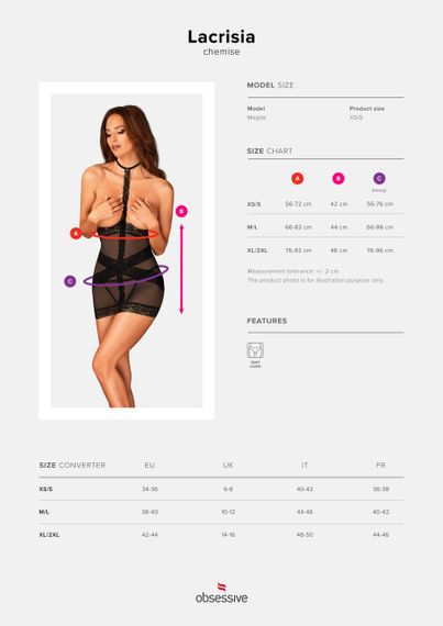 Напівпрозора сорочка з відкритими грудьми Obsessive Lacrisia chemise, чорна, з чокером, XS/S | Зображення 6