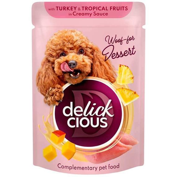 Вологий корм DELICKCIOUS™ пластівці з індичкою та тропічними фруктами у вершковому соусі для собак, 80 г