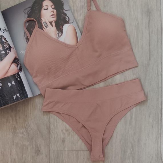 Комплект женского нижнего белья в рубчик S/M  коричневый | Зображення 5