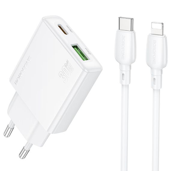 МЗП Borofone BN25 Wish PD30W+QC3.0 (1USB-A/1C) + кабель Type-C to Lightning White