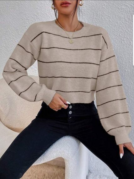 Теплий светр джемпер з широкими рукавами укорочений в смужку бежевий беж | Зображення 2