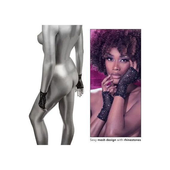 Рукавички короткі у дрібну сітку зі стразами CalExotics Fingerless Gloves, чорні Sex Aura | Зображення 2
