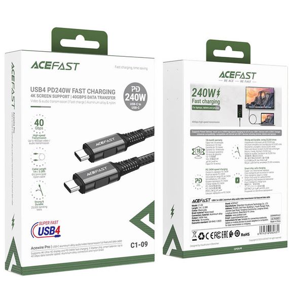 Дата кабель Acefast C1-09 USB-C to USB-C PD240W 40Gbps USB 4 aluminum alloy (1m) Black / Gray | Зображення 3