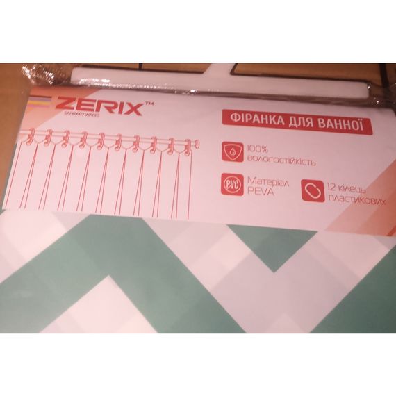 Шторка для ванної ZERIX SCP-015-180x200 з PEVA (поліетиленвінілацетату) (Візерунок "Зигзаг" біло-зелений) (ZX6088) | Зображення 3