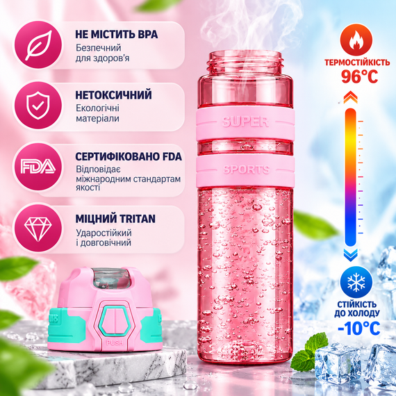 Спортивная бутылка KANGZYUAN 700 мл розовая - Tritan BPA Free, ударопрочная бутылка для воды с трубочкой, герметичной крышкой | Зображення 6